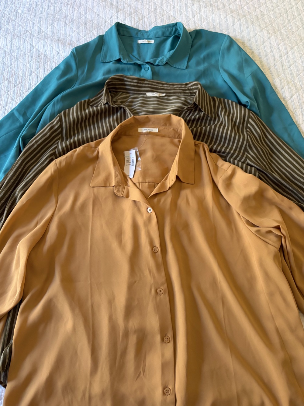 3 Maurices Button-Down Shirts in Teal, Camel, and Olive Stripe